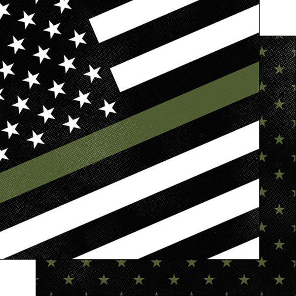 Scrapbook Customs - Green Line American Flad 12x12 Double Sided Paper