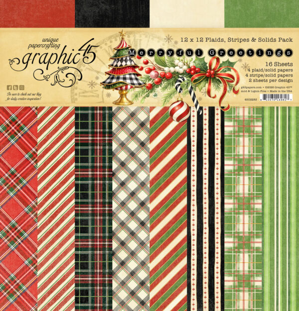 Graphic 45 - Merry-Ful Greetings Plaids, Stripes & Solids 12x12 Pack