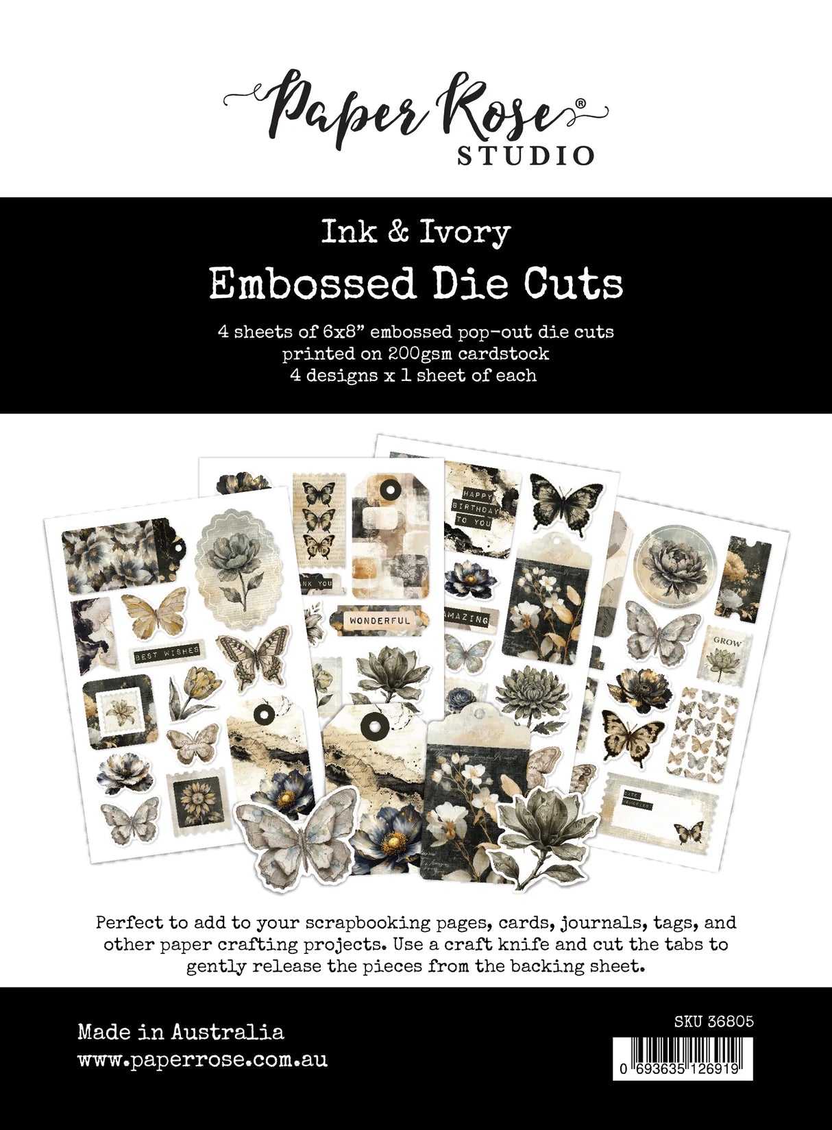 Paper Rose Studio - Ink & Ivory Embossed Die Cuts