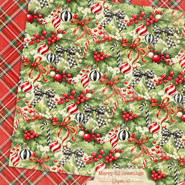 Graphic 45- Merry-Ful Greetings - Holly & Bows 12x12 Paper