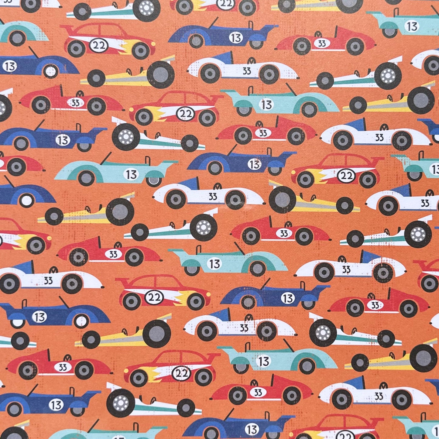 Vintage Market - 12x12 Single Sided Paper - Orange Race Cars